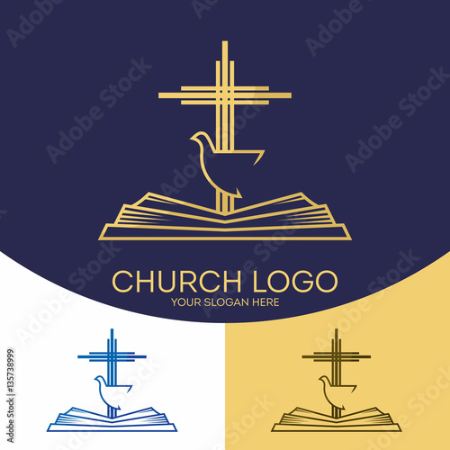Church logo. Christian symbols. The cross of Jesus Christ, the Bible and the Holy Spirit - Dove.