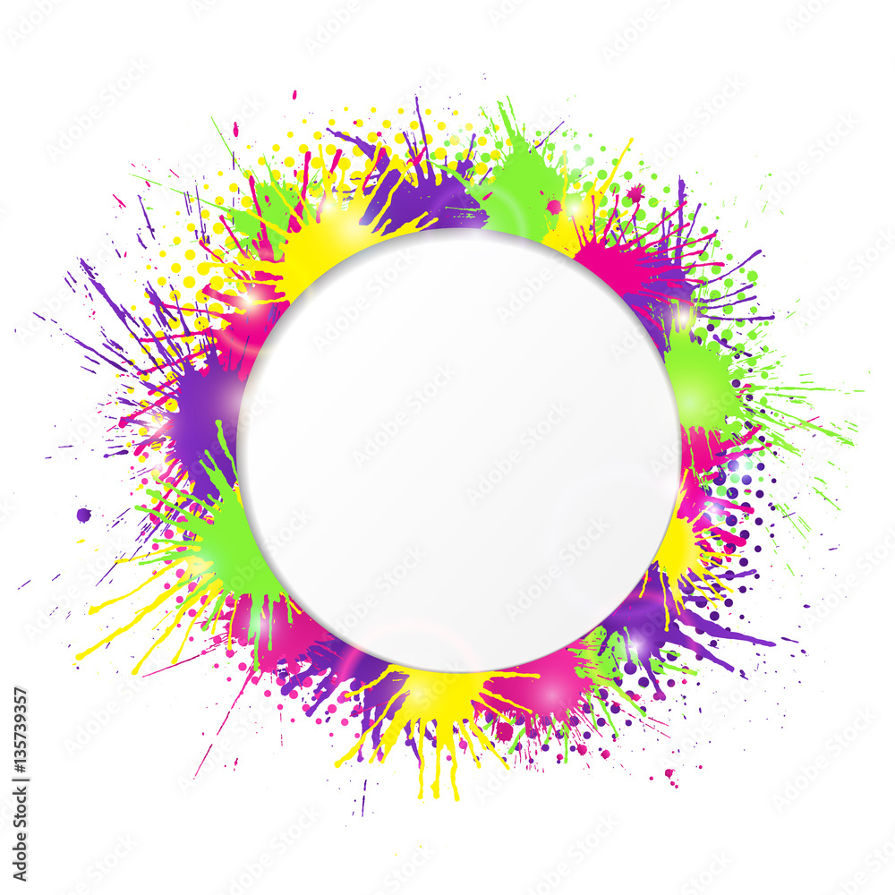 White round cutout banner with vivid and colorful paint splashes