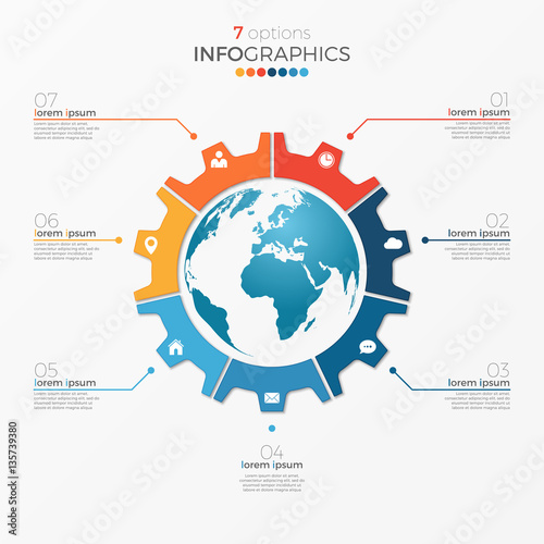 Circle chart infographic template with globe 7 options for presentations, advertising, layouts, annual reports