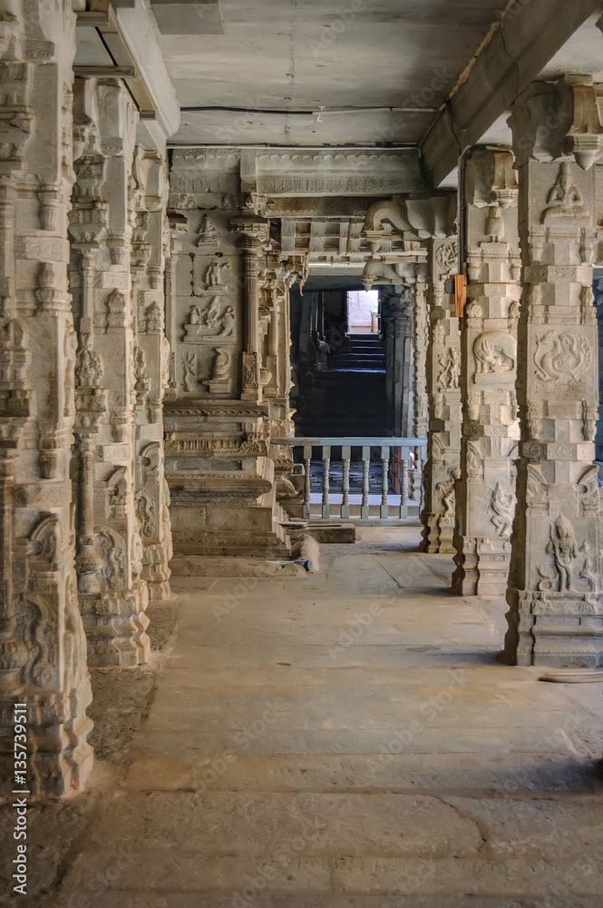 Columns with the frescoes in the Shiva Virupaksha Temple. There is the famous Indian landmark located in the ruins of Vijayanagar at Hampi, India. Selective focus