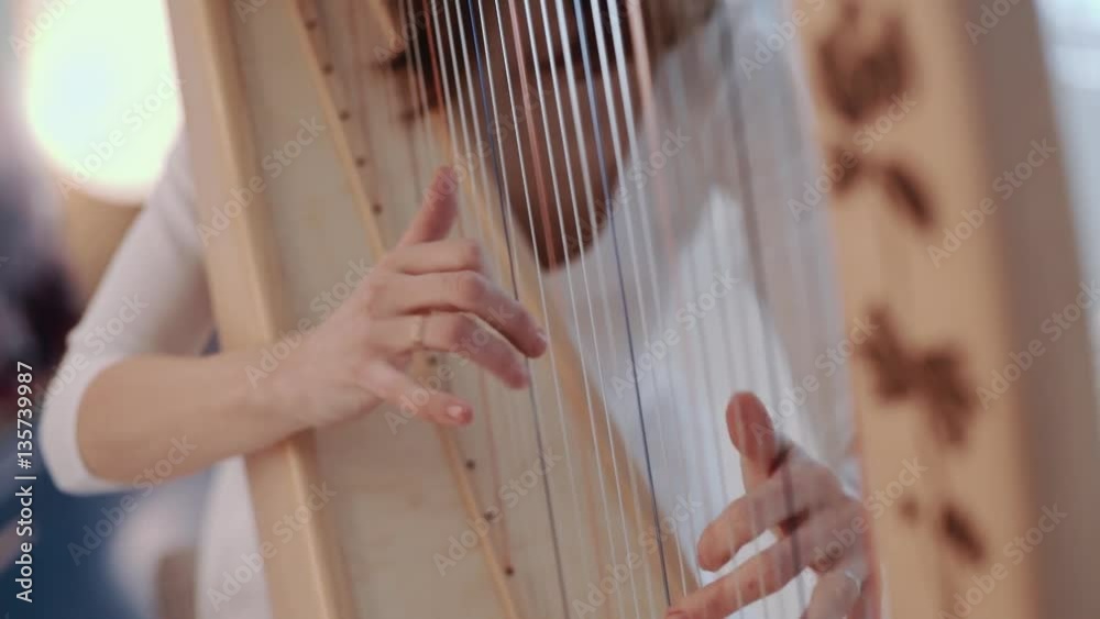 Hands of woman playing a harp. Harpist with classical music instrument. Harp strings close up.