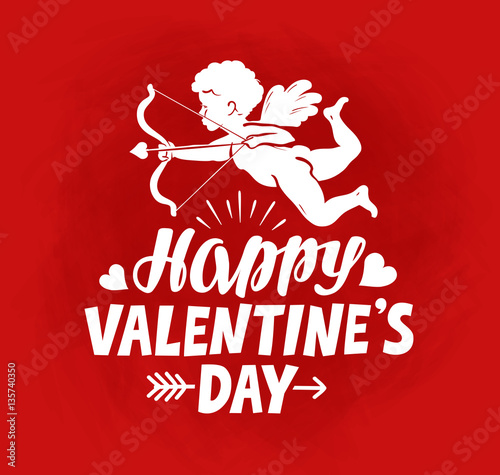 Happy Valentine's Day, greeting card. Flying angel, cherub or cupid with bow and arrow