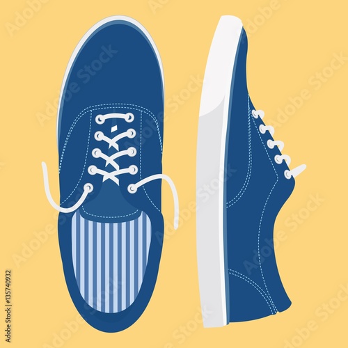  Blue sneakers. Light brown background. Vector.