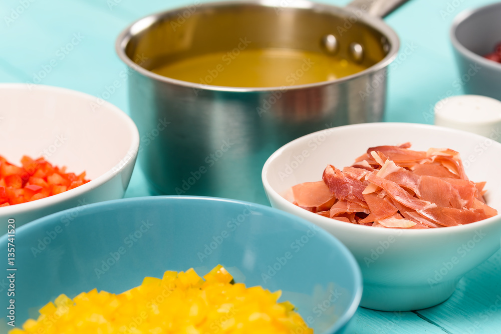 Red and Yellow Capsicum, Bacon And Vegetable Stock Food Ingredients For Minestrone Soup Recipe Red and Yellow Capsicum, Bacon And Vegetable Stock Food Ingredients For Minestrone Soup Recipe