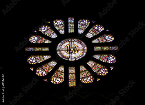 Beautiful stained glass rose window in Basilica of St. Nicholas in Amsterdam, The Netherlands 