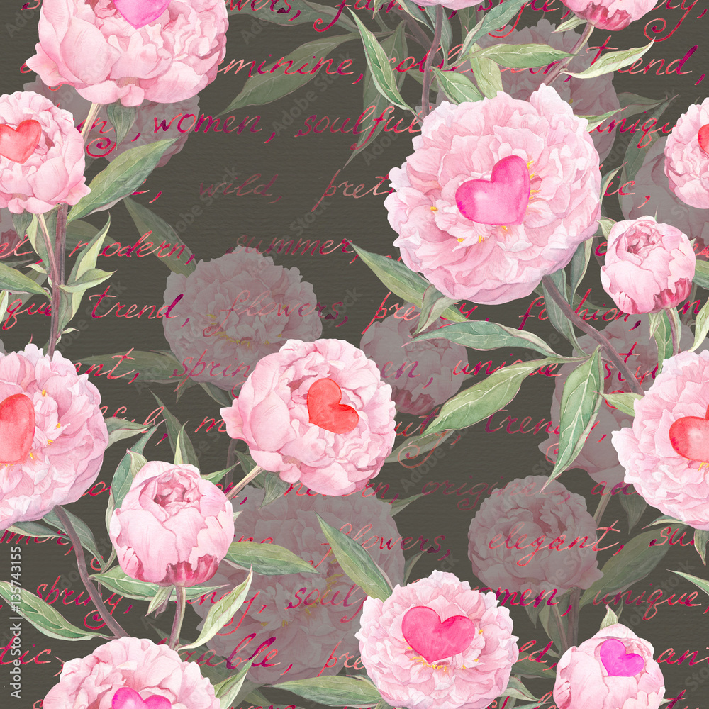 Peony flowers, hearts. Seamless floral pattern. Watercolor