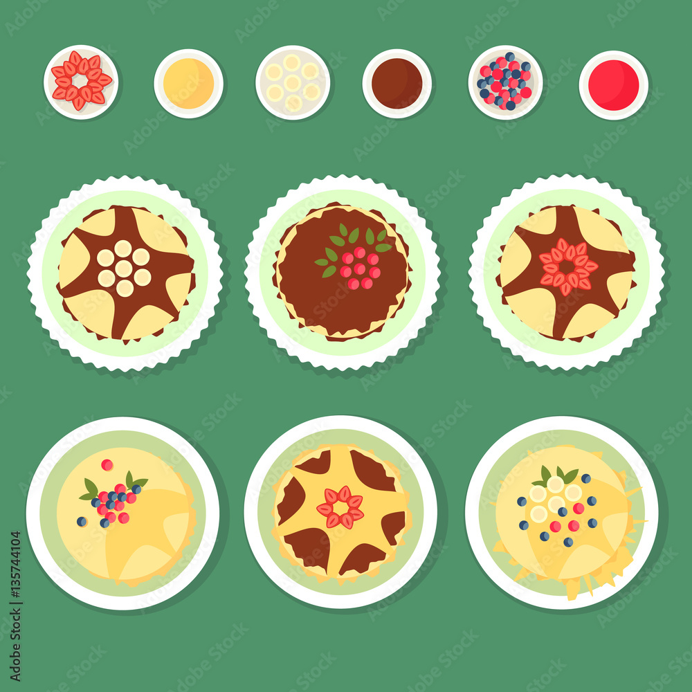 A set of flat pancakes, different toppings on a simple background