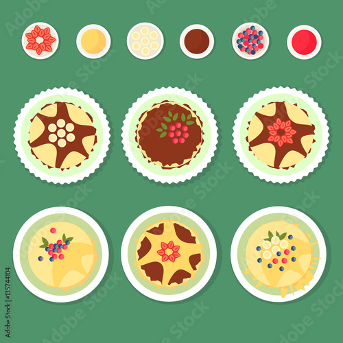 A set of flat pancakes, different toppings on a simple background