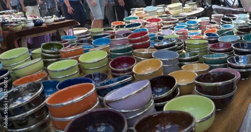 Colorful bowls on a market.