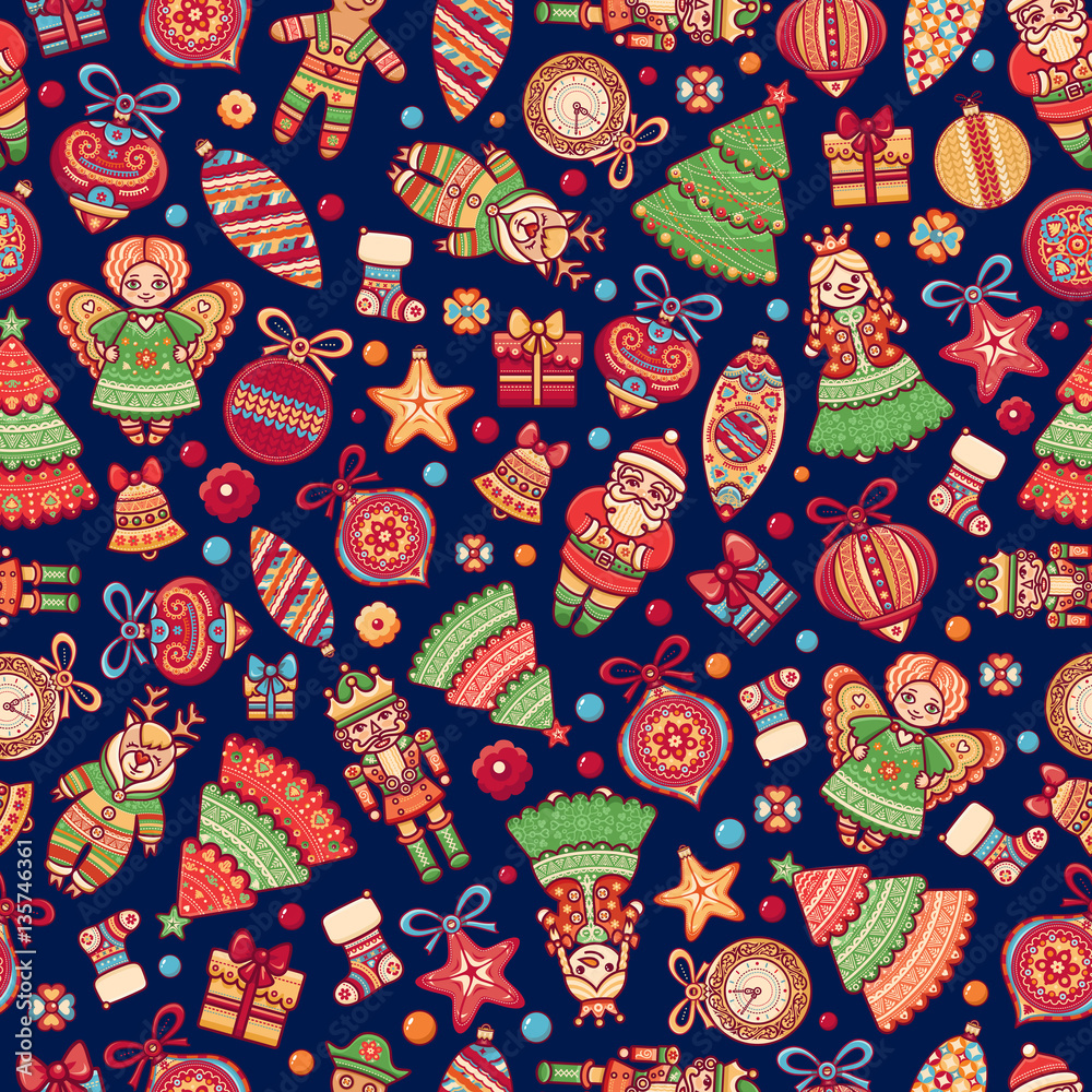 Christmas toys. Seamless pattern. Holiday background. Best for greeting cards Christmas toys. Seamless pattern. Holiday background. Best for greeting cards