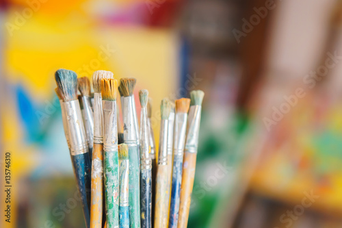 Paint Brushes isolated in colorful backgraund, clouse-up