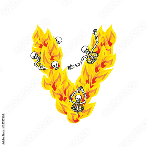 Letter V hellish flames and sinners font. Fiery lettering. Infer