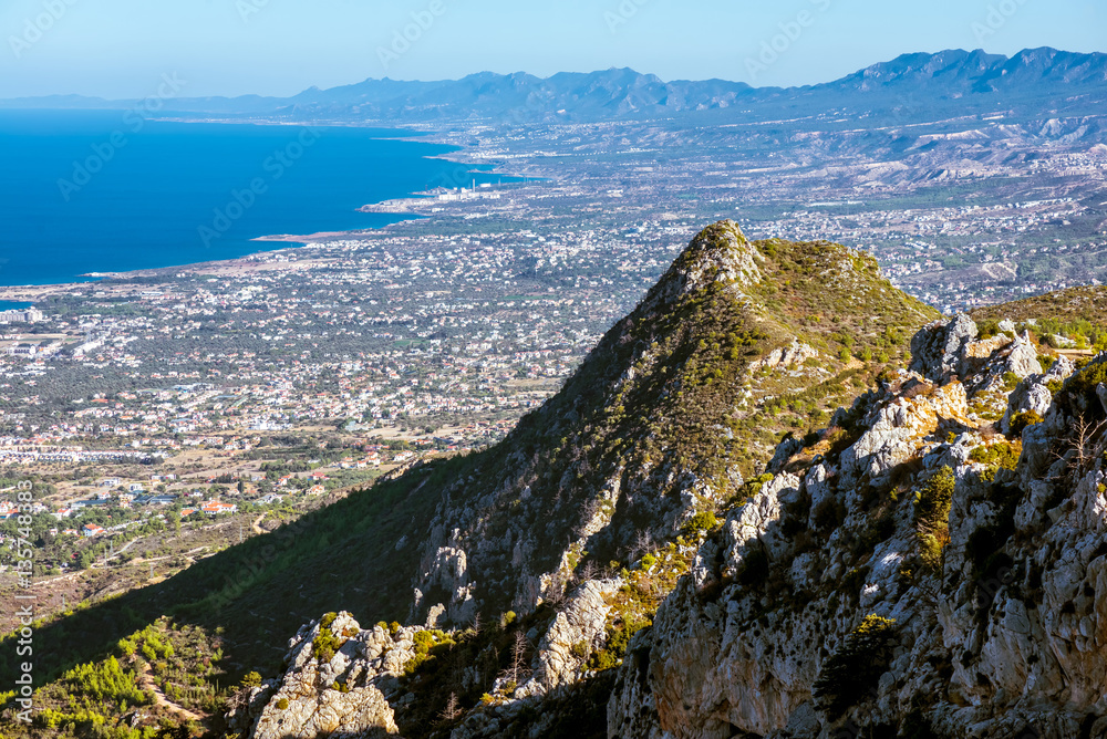View of the north coast from the ruins of St Hilarion Castle. Kyrenia District, Cyprus