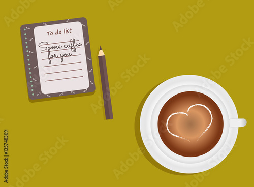 The sheet of the planner in a cute woman`s shoes. To Do List. Cup with coffee on saucer. A pencil. Vector illustration.