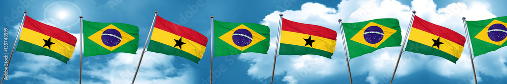 Ghana flag with Brazil flag, 3D rendering Ghana flag with Brazil flag, 3D rendering