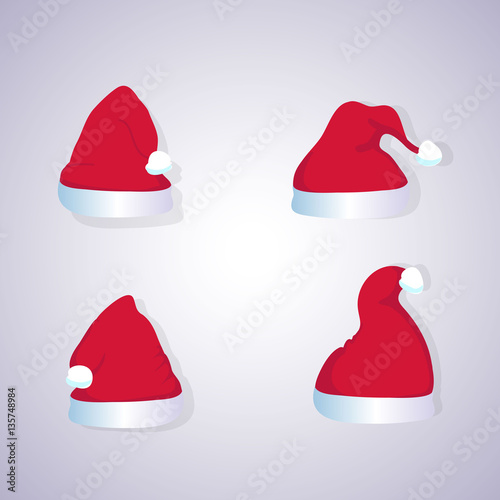 set of red Christmas hats isolated on white background  vector  illustration