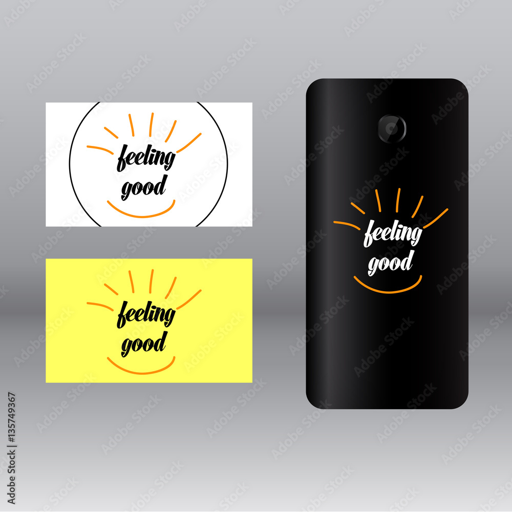 colored stickers for mobile phone with inscription feeling good on grey background 