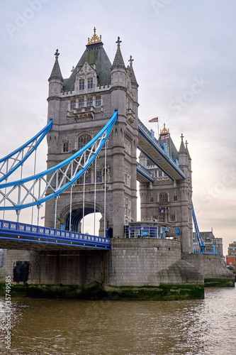 LONDON CITY - DECEMBER 24, 2016: Close up of the suspension wires on Tower Bridge crossing the River Thames