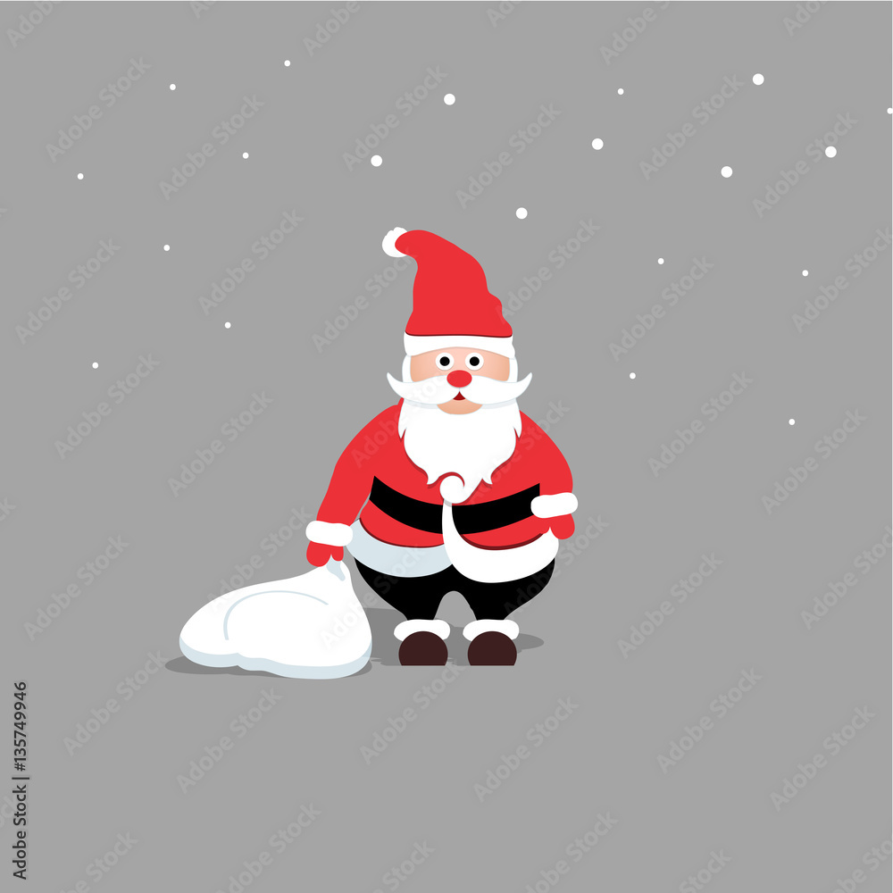 Santa Claus character in red costume holding bag on grey background