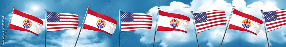 french polynesia flag with American flag, 3D rendering french polynesia flag with American flag, 3D rendering