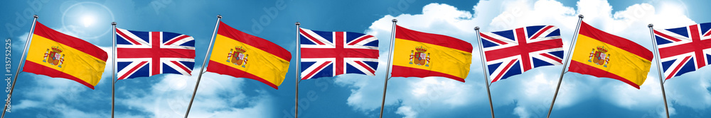 Spanish flag with Great Britain flag, 3D rendering Spanish flag with Great Britain flag, 3D rendering