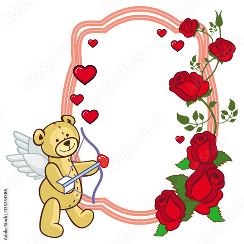 Color frame with roses and teddy bear with bow and wings, looks like a Cupid. © LaFifa
