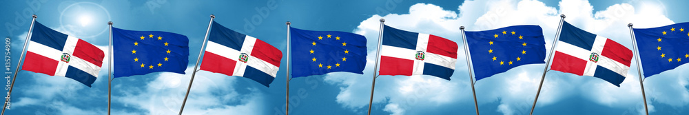 dominican republic flag with european union flag, 3D rendering dominican republic flag with european union flag, 3D rendering