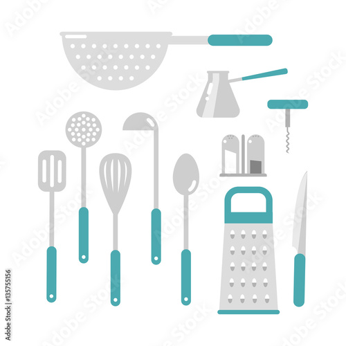 Kitchen ladle cooking home culinary silver equipment flat vector illustration.