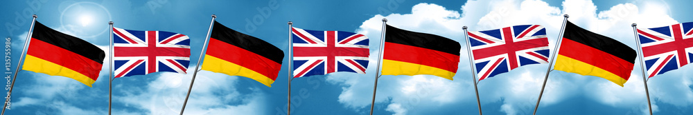German flag with Great Britain flag, 3D rendering German flag with Great Britain flag, 3D rendering