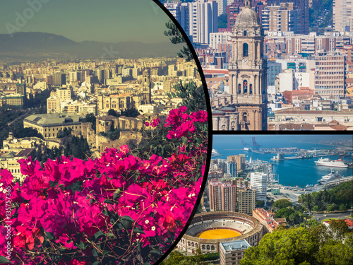 Collage of of Malaga with bullring and harbor. Spain 