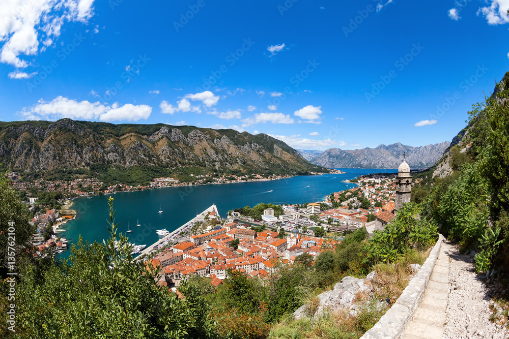 View of Kotor with the Cskva Gospa od Zdravlja church in the foreground in Montenegro.