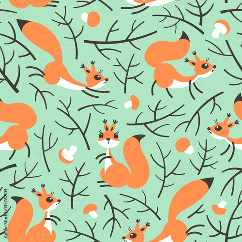 Little cute squirrels in the fall forest. Seamless autumn pattern for gift wrapping, wallpaper, childrens room or clothing.