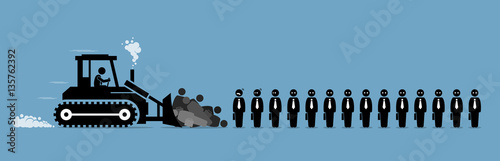 Retrenchment, company worker layoffs, and job cut. Illustration depicting a bulldozer wipes out company employees one by one.