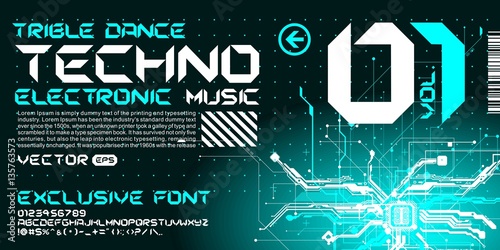 hi-tech Techno font trance style lettering vector
