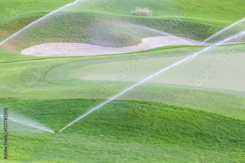 Sprinklers watering system working in green golf course.