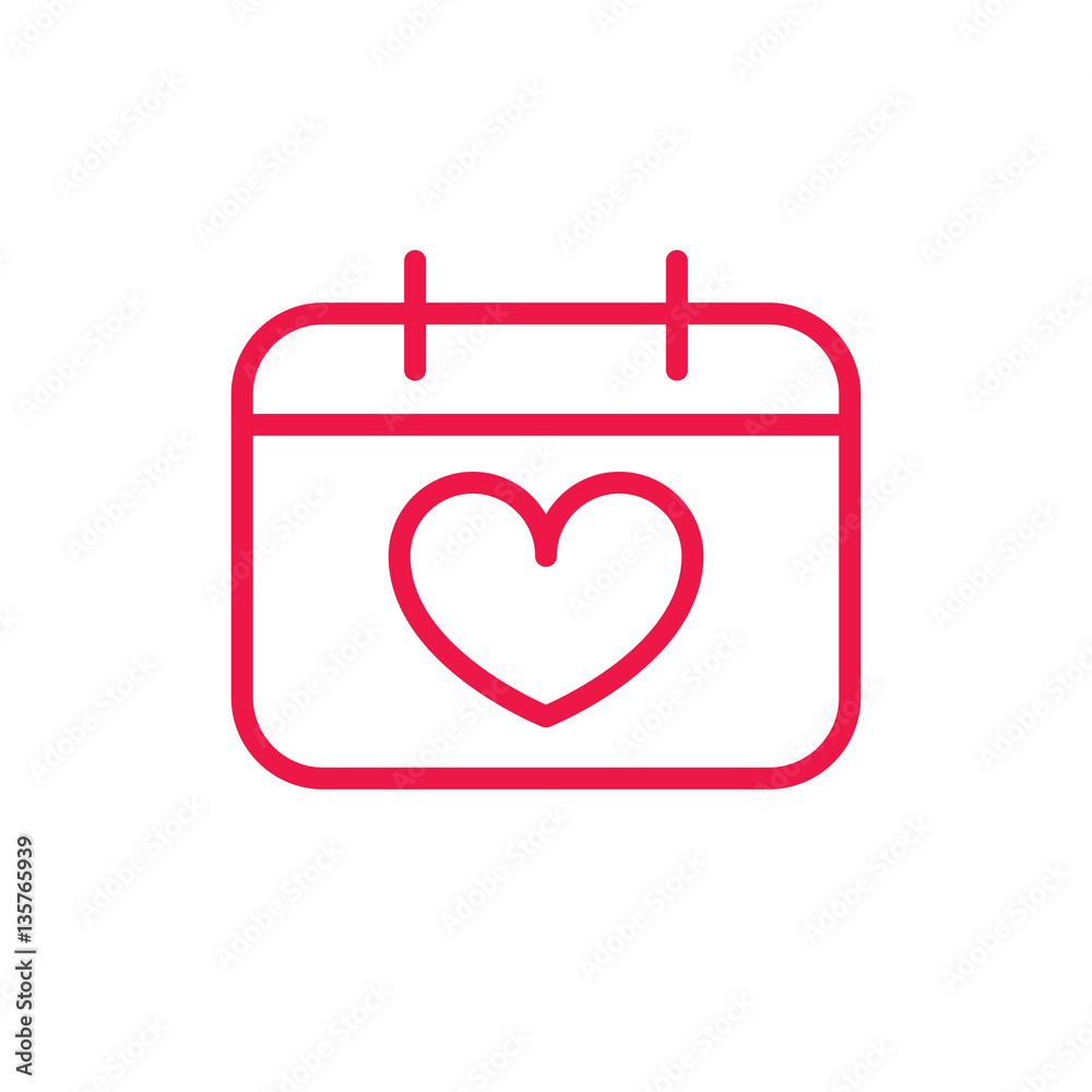 love calendar thin line red icon on white background, happy vale love calendar thin line red icon on white background, happy vale