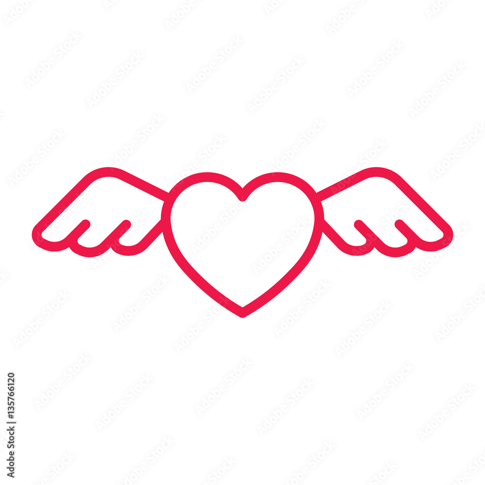 heart with wings thin line red icon on white background, happy v heart with wings thin line red icon on white background, happy v
