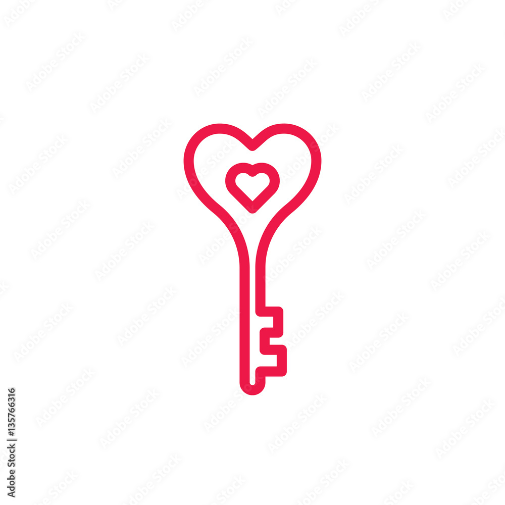 heart key thin line red icon on white background, happy valentin heart key thin line red icon on white background, happy valentin