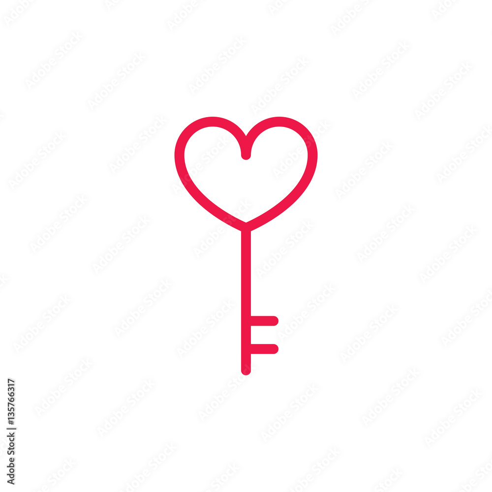 heart key thin line red icon on white background, happy valentin heart key thin line red icon on white background, happy valentin