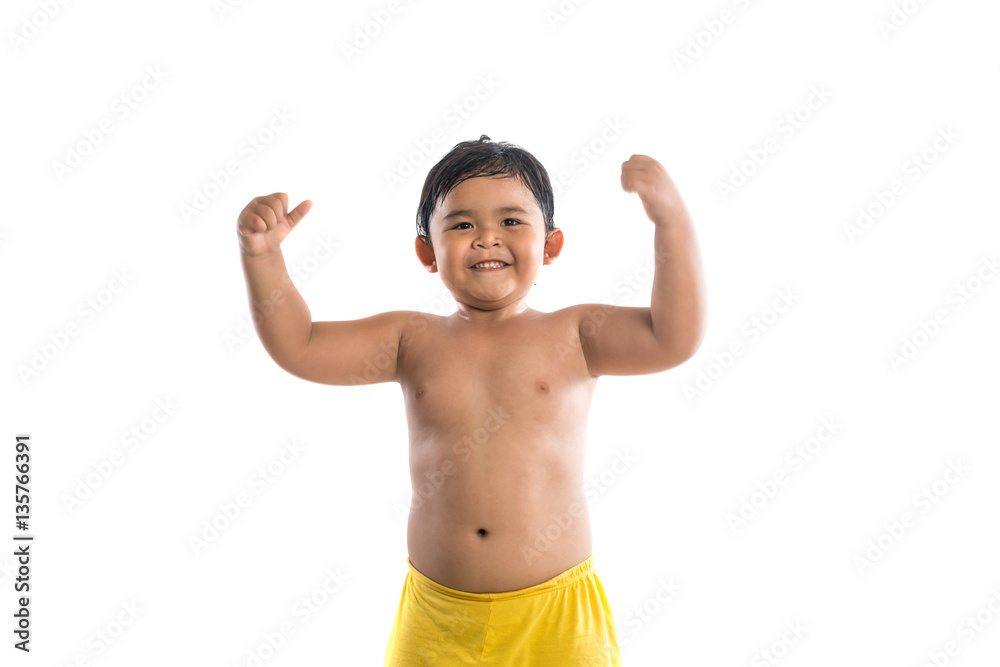 Funny Little Boy showing strong. bodybuilder. showing his hand b
