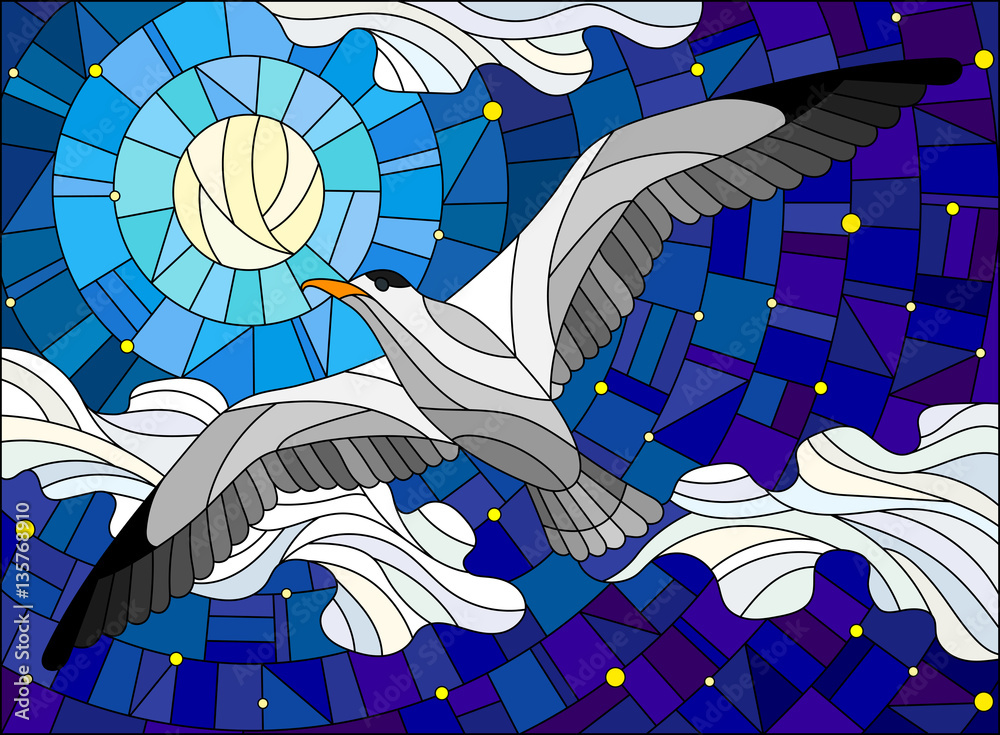 Naklejka premium Illustration in stained glass style Seagull on the background of starry sky, moon and clouds