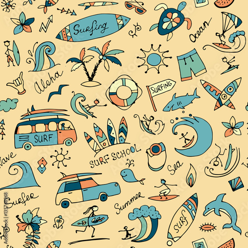 Surfing seamless pattern, sketch for your design