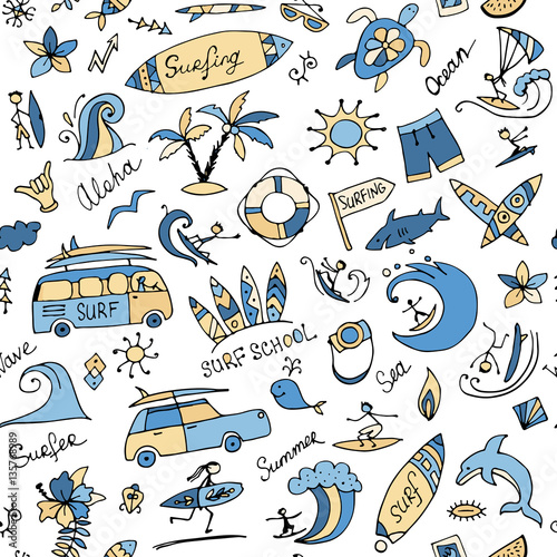 Surfing seamless pattern, sketch for your design