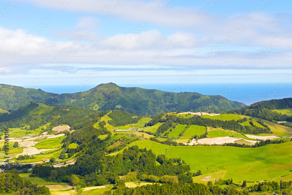 Azores archipelago landscape with ocean on a horizon. Aerial view on Sao Miguel island in Azores, Potugal.