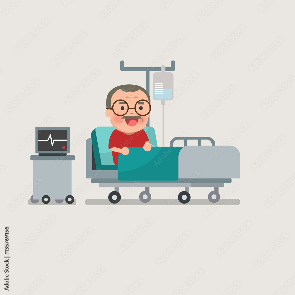 A medical caucasian patient grandma being treated by an expert doctor in a hospital room. flat design illustrations. A medical caucasian patient grandma being treated by an expert doctor in a hospital room. flat design illustrations.