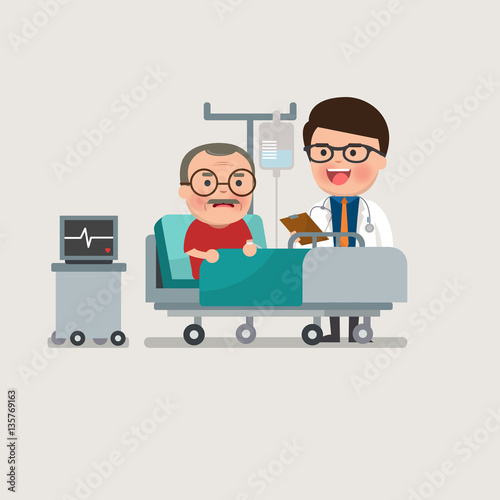 A medical caucasian patient grandma being treated by an expert doctor in a hospital room. flat design illustrations.