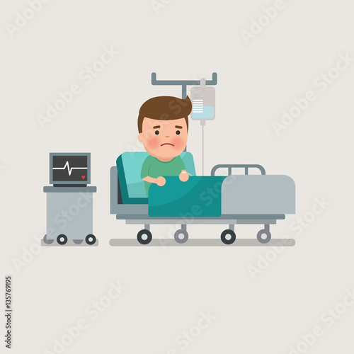 man resting at hospital bed with intravenous saline solution