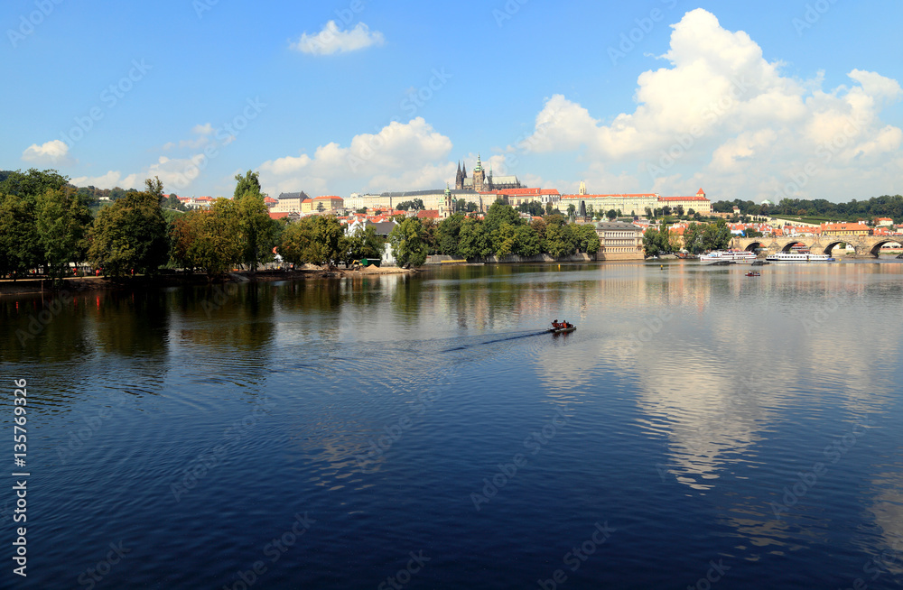 View of Lesser Town (Malá Strana), St. Vitus Cathedral, and Charles Bridge. Photographed from Legion Bridge looking northwest across the Vltava River.