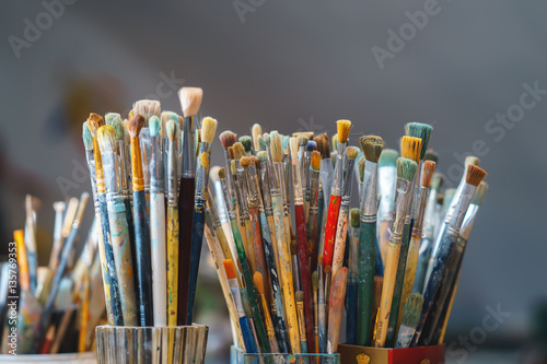 Paint Brushes isolated in grey background, close-up