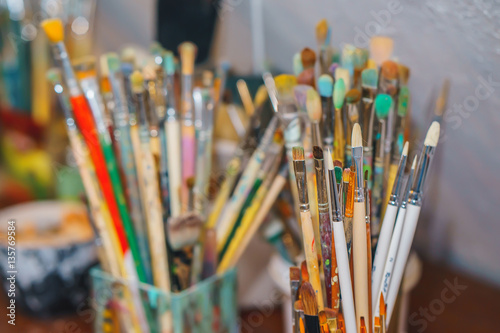 Paint Brushes isolated in grey background, close-up